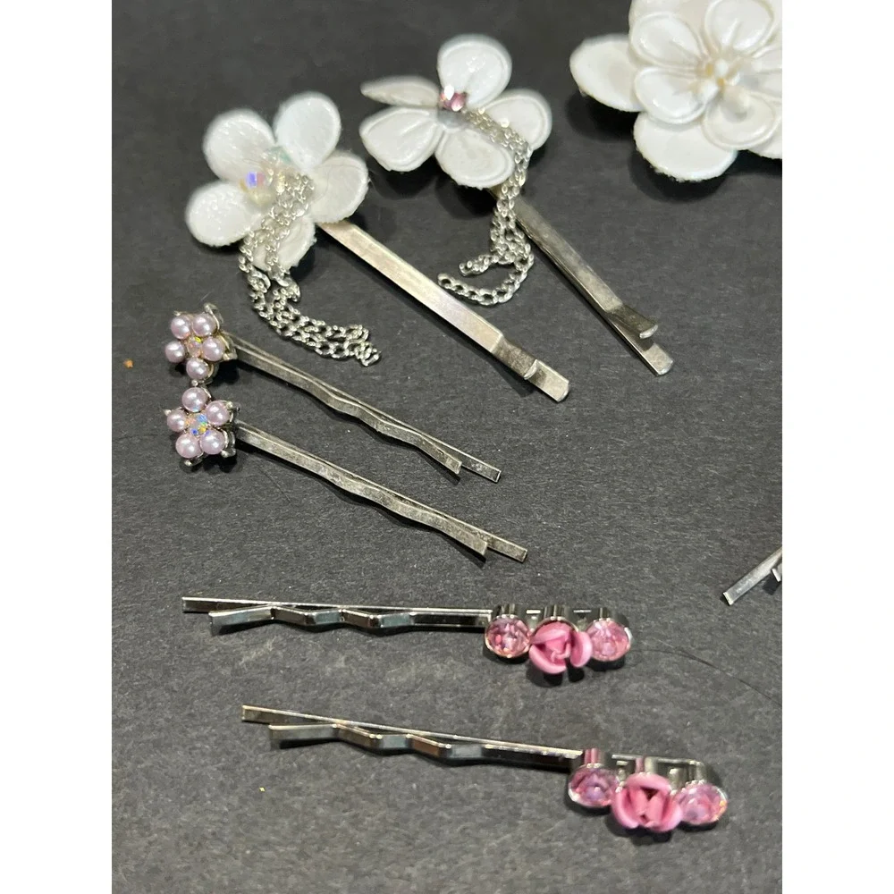 Vintage Style Floral Hair Pin Lot 22  Rhinestone Pearl Flower Bobby Pins Set